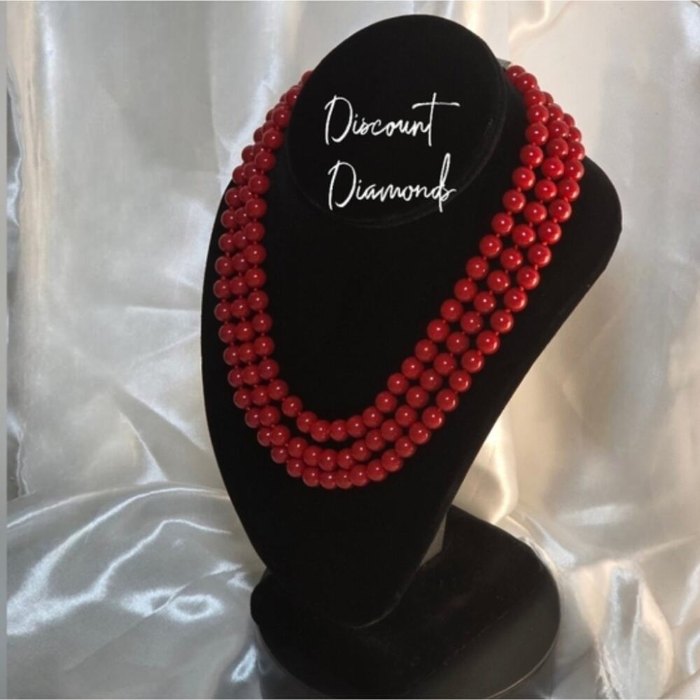 Coral Red South Sea Shell 10 mm Pearl Triple Strand Necklace 925  Silver Clasp